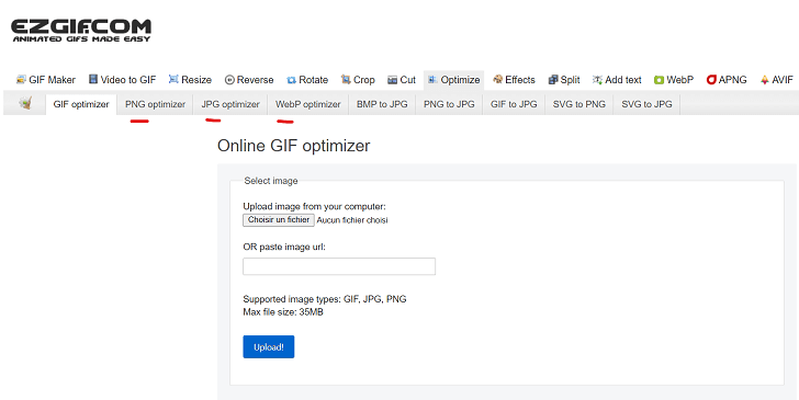 EZGIF Optimizer, compresser ses images GIF, PNG, JPG