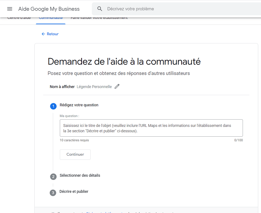 Formulaire pour poser une question sur le forum google my business
