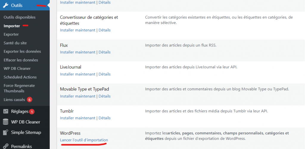 Outil d'importation de contenu de wordpress pour Weebly