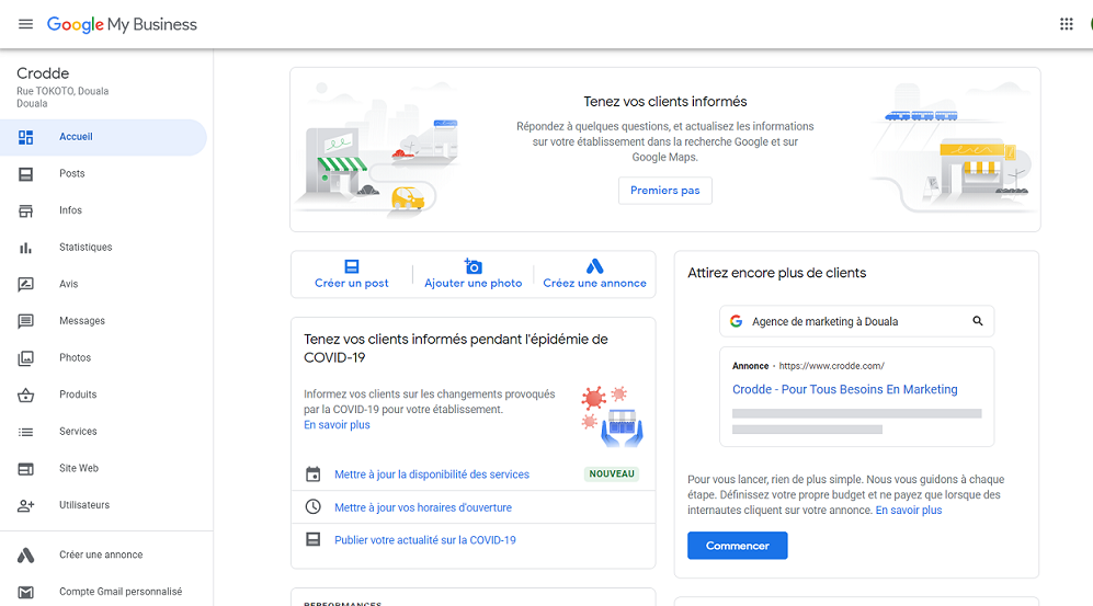 Tableau de bord fiche google my business