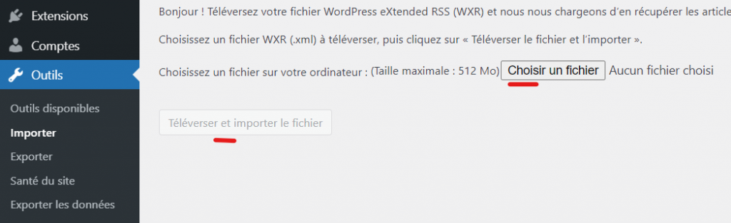 importer le fichier d'exportation du contenu Weebly