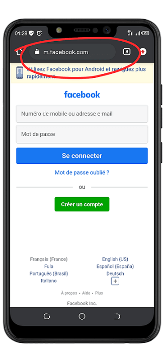 Vérifier l'url de la page de connexion à votre compte facebook