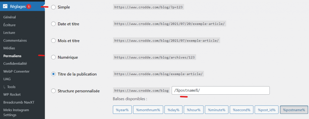 Configuration des permaliens de wordpress