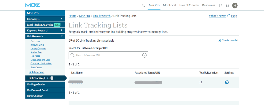 Tableau de bord de Moz tracking lists