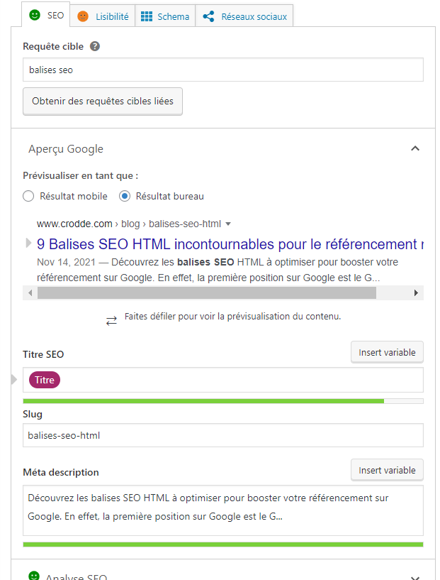 interface wordpress Yoast SEO balises SEO
