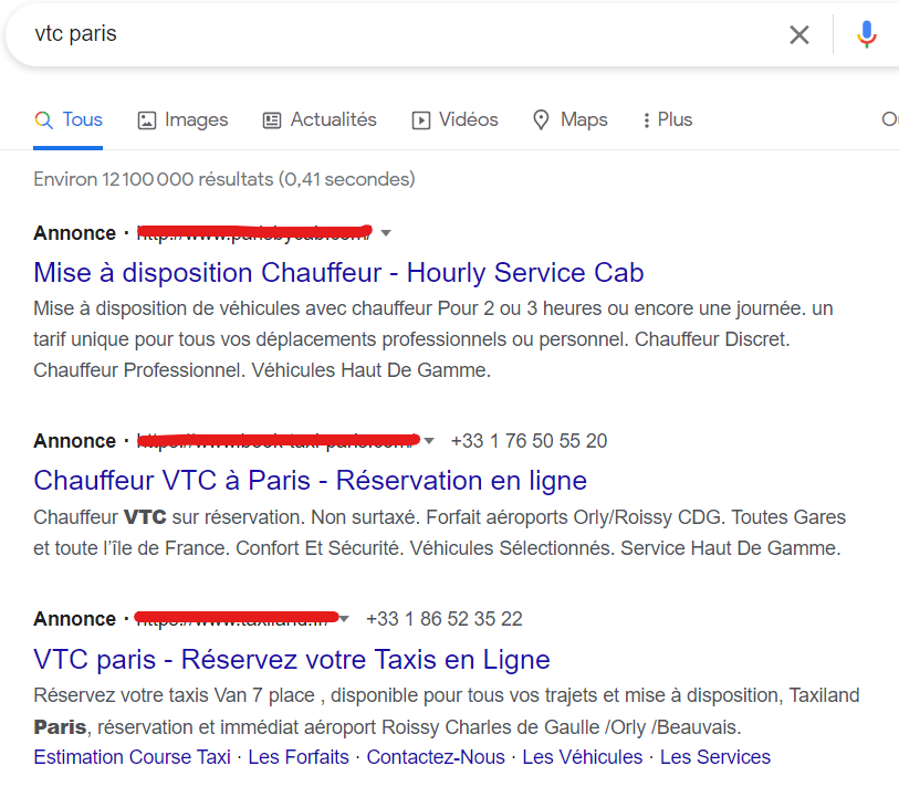 Exemples d'annonces publicitaires Google Ads de VTC