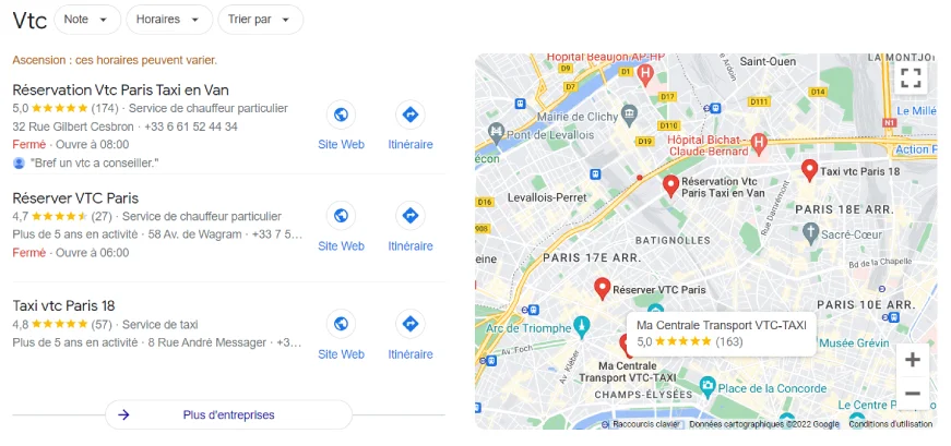 Exemples de fiches Google my business VTC